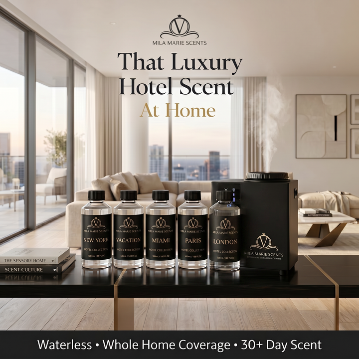 Mila Marie Scents diffusers on a table in a modern living room with city view