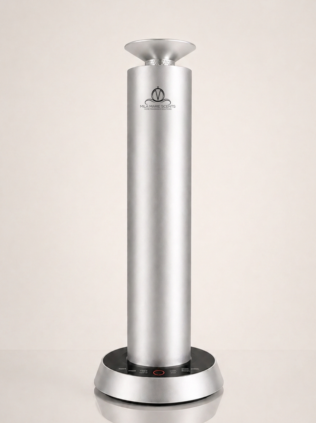 Silver cylindrical device with a brand logo on a beige background