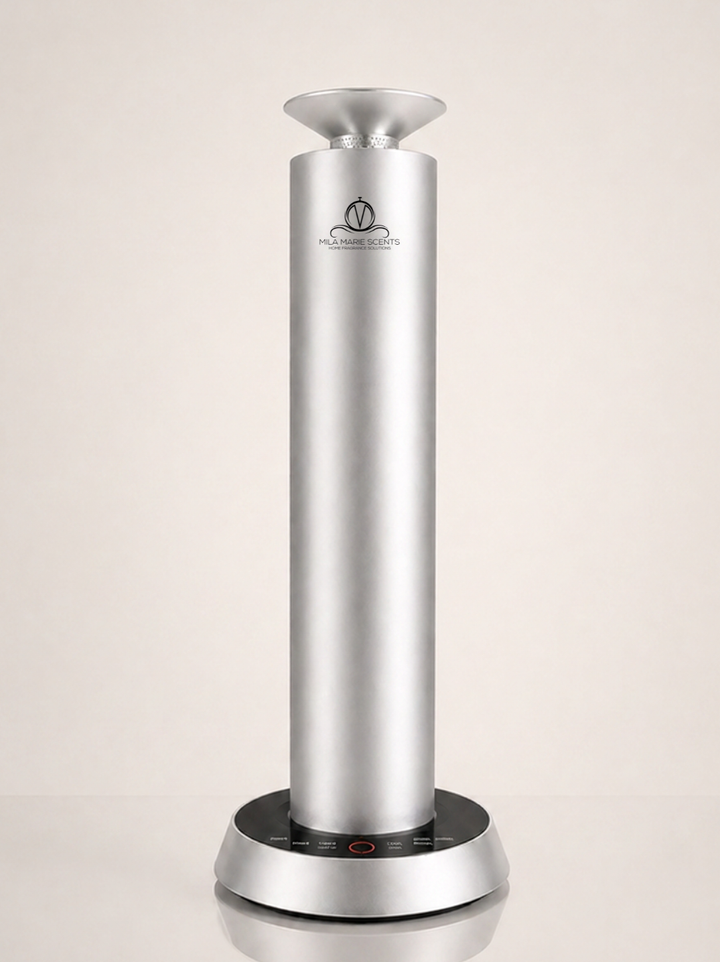 Silver cylindrical device with a brand logo on a beige background