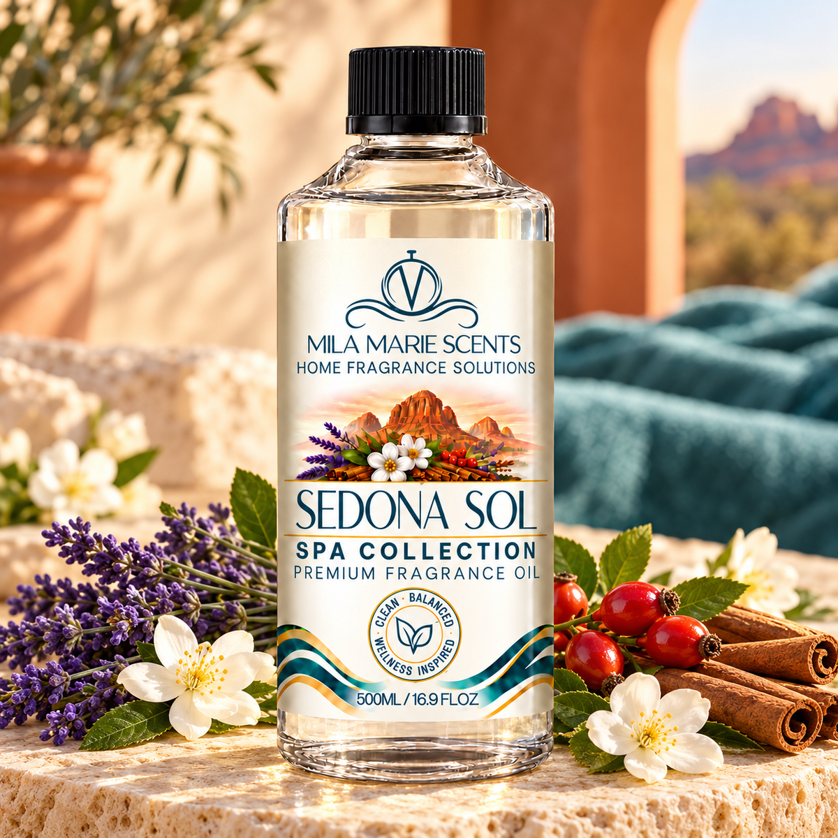 A bottle of Mila Marie Scents 'Sedna Sol' spa collection premium fragrance oil, styled on a stone surface with lavender, white flowers, red berries, cinnamon sticks, and a teal blanket in the background.