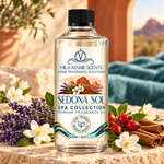 A bottle of Mila Marie Scents 'Sedna Sol' spa collection premium fragrance oil, styled on a stone surface with lavender, white flowers, red berries, cinnamon sticks, and a teal blanket in the background.