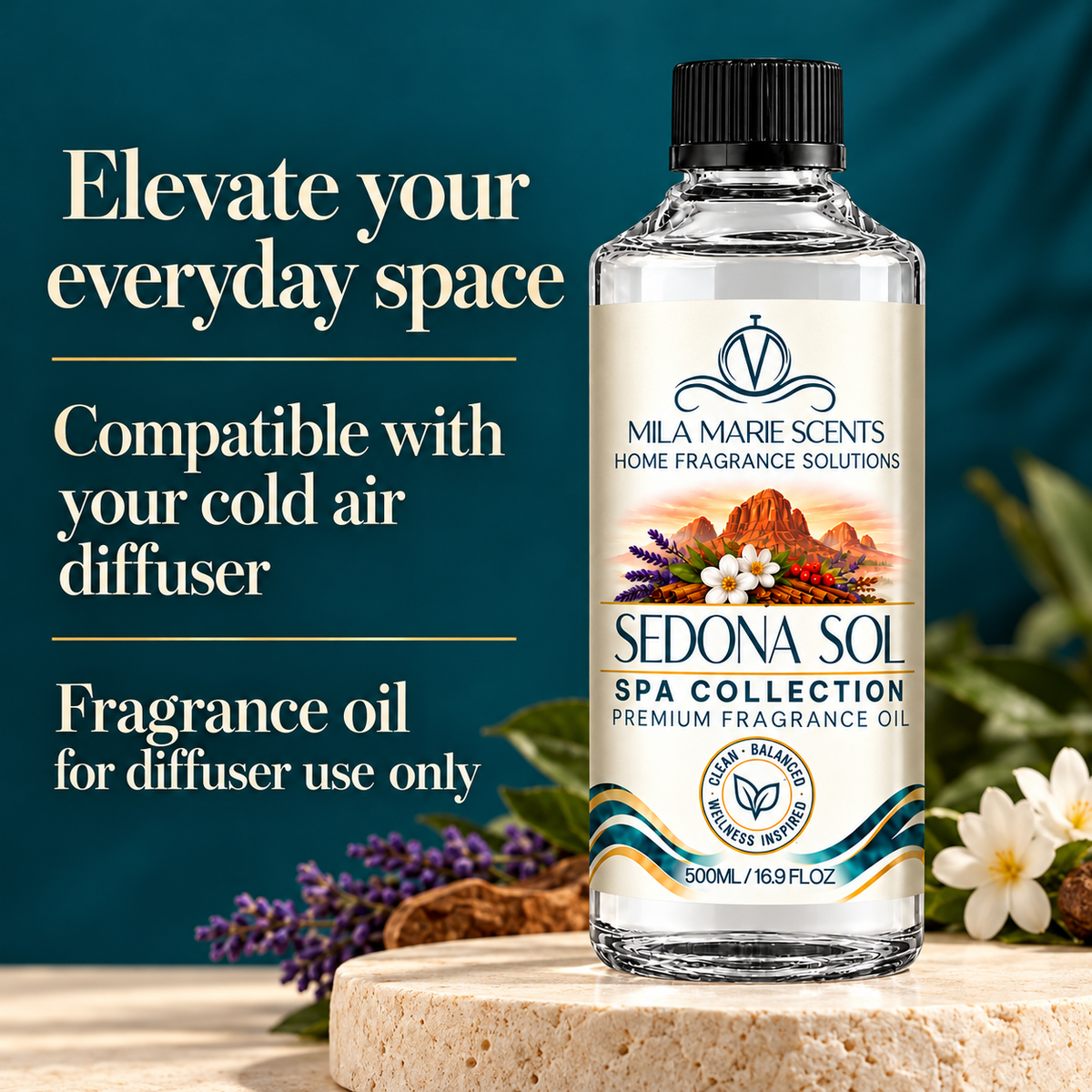 A bottle of Mila Marie Scents Sedona Sol Spa Collection fragrance oil stands on a stone pedestal against a dark teal background with decorative flowers and text on the left.