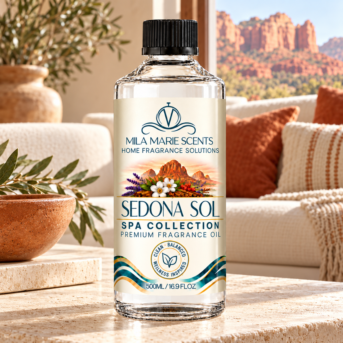 A bottle of Mila Marie Scents 'Sedol Sol' spa collection fragrance oil stands on a stone countertop in a warm, cozy living room setting with a blurred background of a couch, pillows, and a desert landscape.