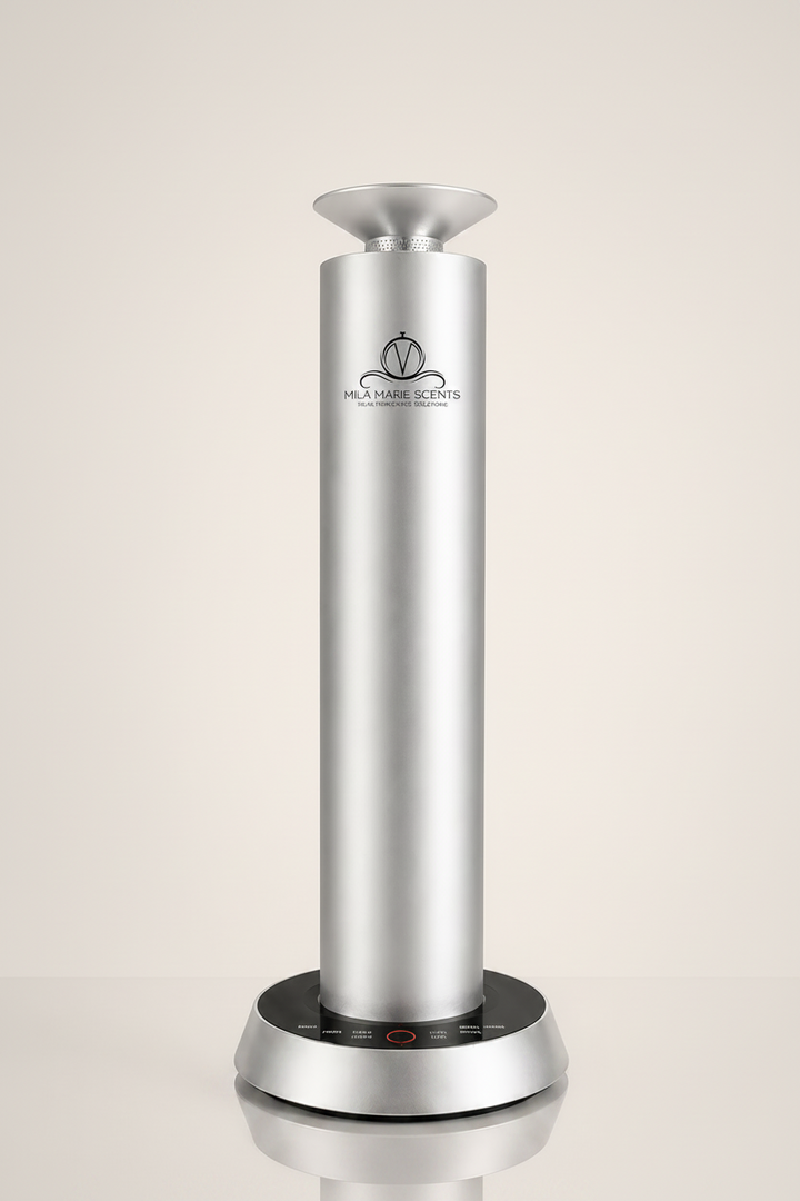 Silver cylindrical device with brand logo on a beige background