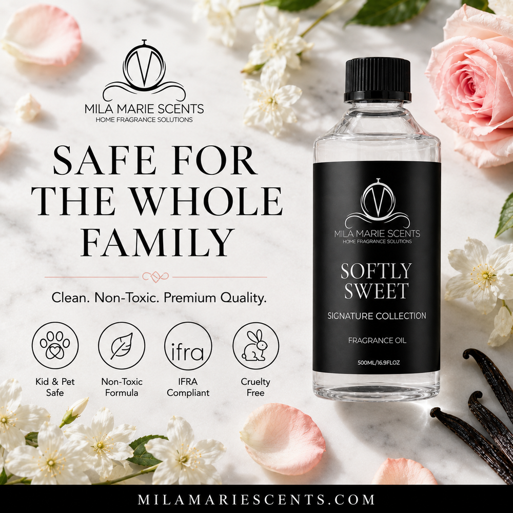 Mila Marie Scents fragrance oil bottle with flowers and vanilla beans on a light background