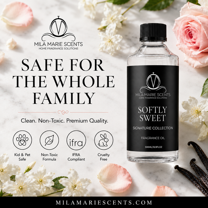Mila Marie Scents fragrance oil bottle with flowers and vanilla beans on a light background