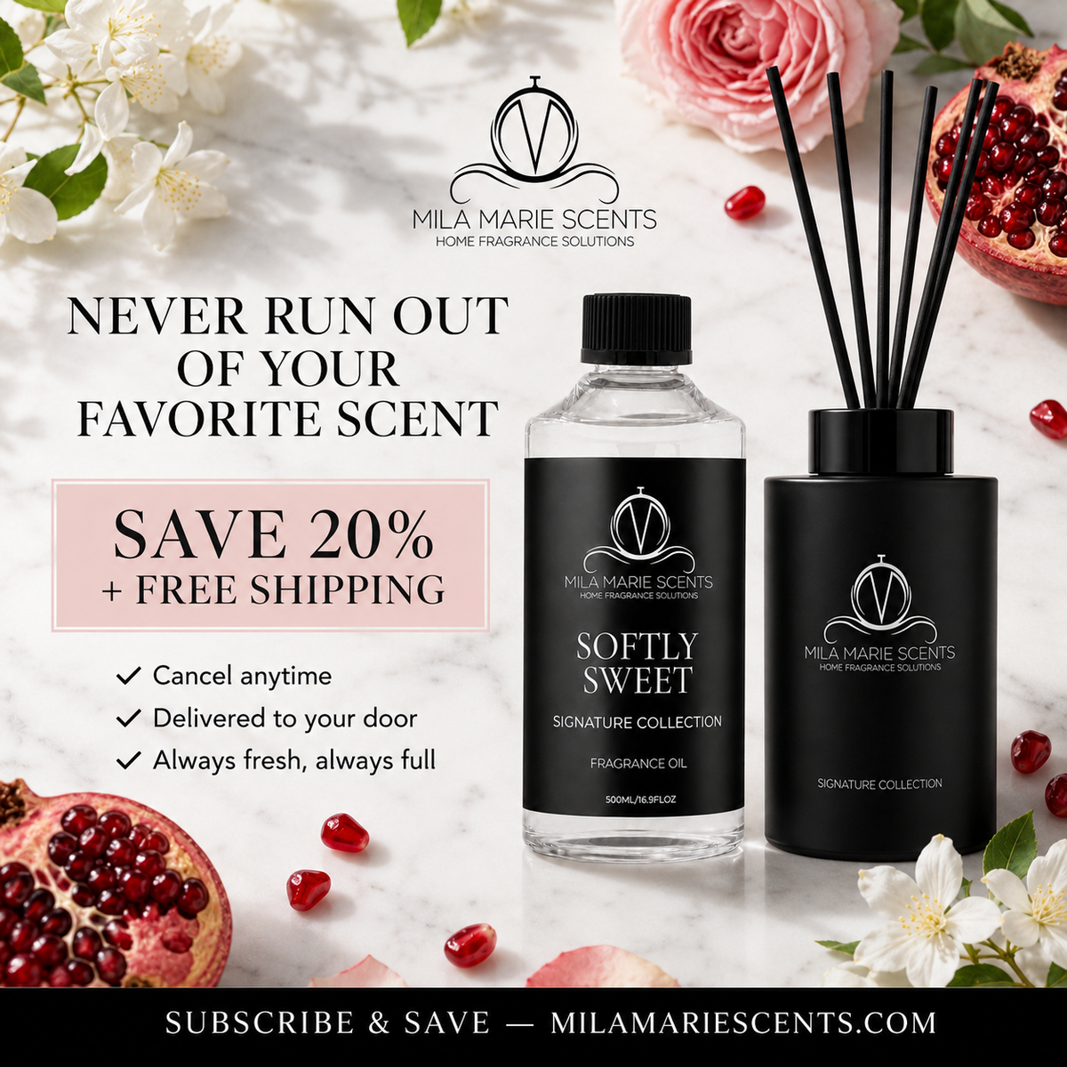 Softly Sweet | Pomegranate & Fresh Florals · Jasmine & Rose · Warm Vanilla & Musk - Mila Marie Scents