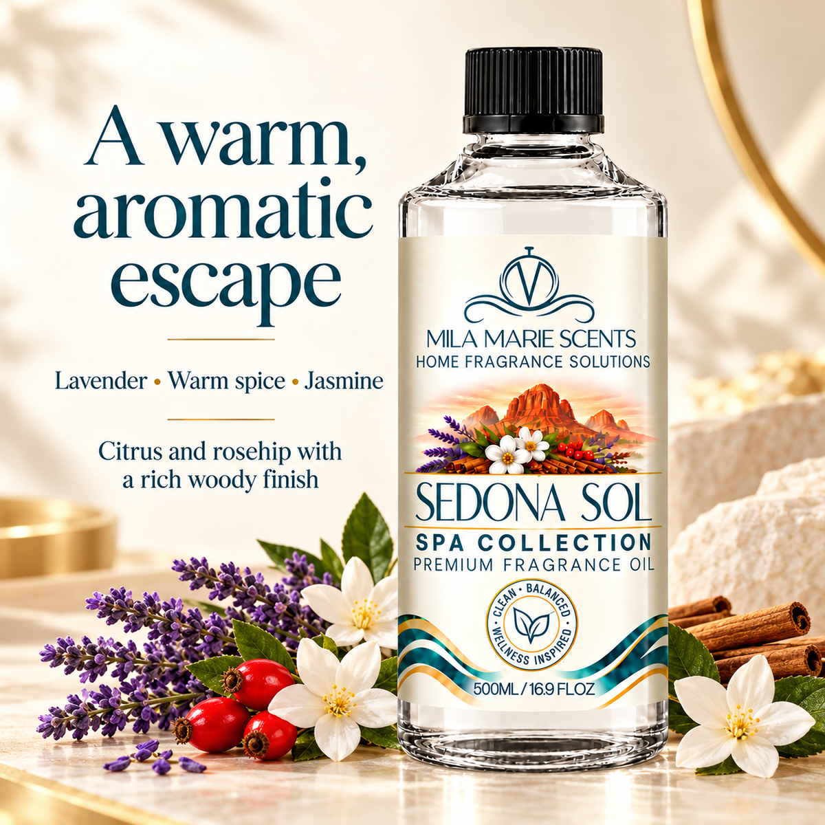 A bottle of Mila Marie Scents 'Sedona Sol' spa collection premium fragrance oil, styled with lavender, white flowers, red berries, and cinnamon sticks on a warm beige marble surface with text overlays describing the scent profile.