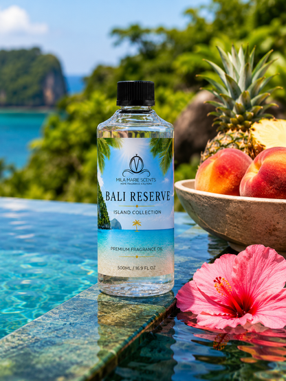
Bottle of Bali Reserve Island Collection oil with a tropical setting featuring a pool, pineapple, and flowers.