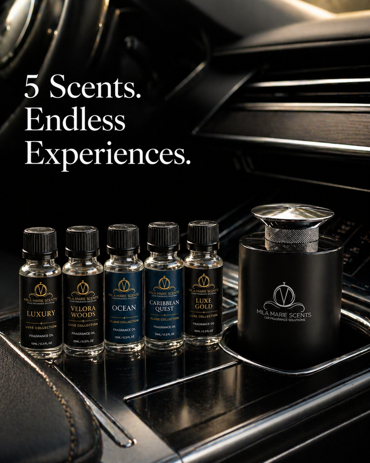 Collection of car air freshener bottles and diffuser on a car console with '5 Scents. Endless Experiences.' text.