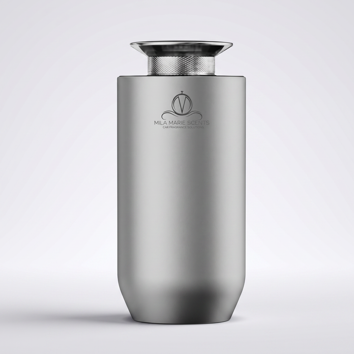 Silver cylindrical container with a logo on a light gray background