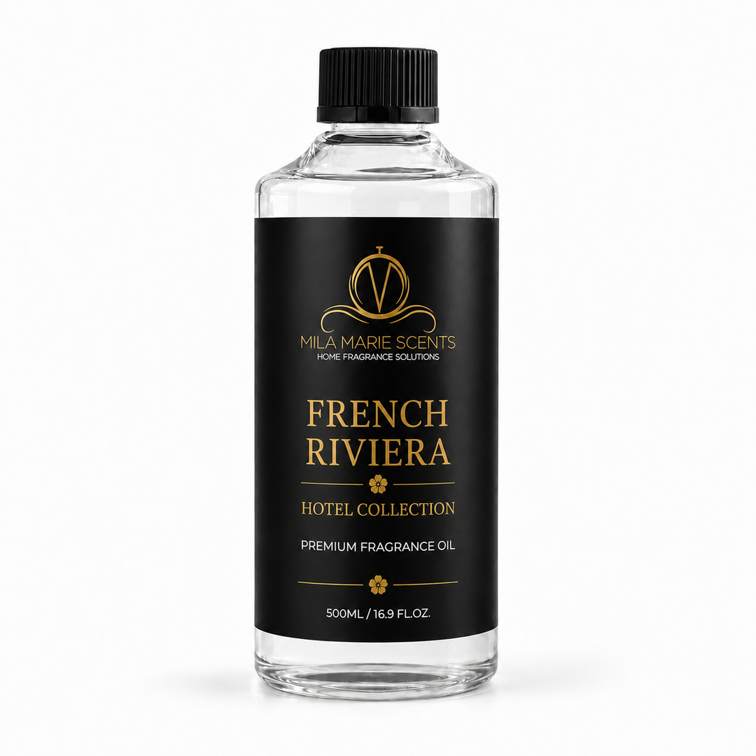 A 500ml bottle of Mila Marie Scents French Riviera Hotel Collection premium fragrance oil, featuring a clear glass bottle, black cap, and a black label with gold lettering, set against a plain white background.