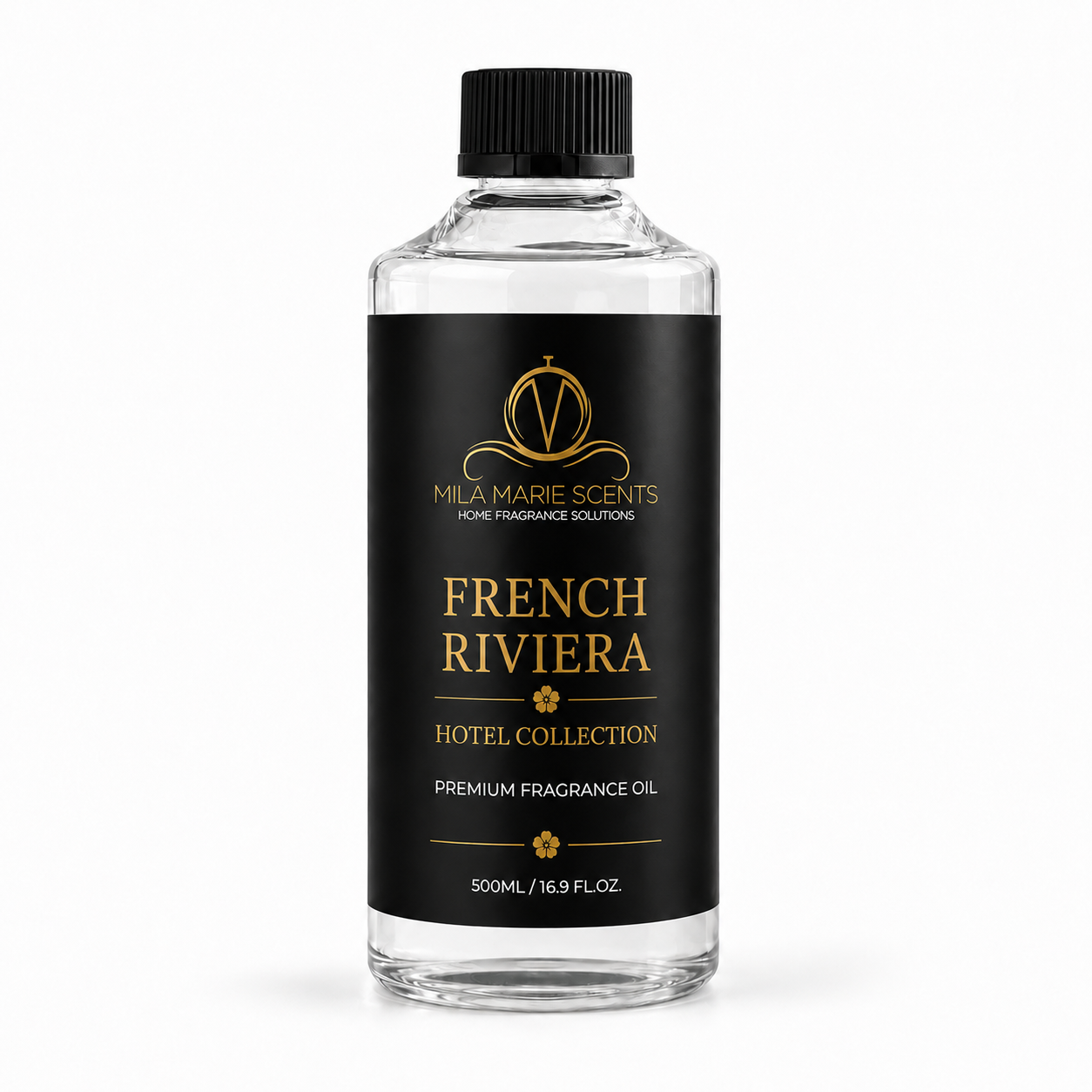 A 500ml bottle of Mila Marie Scents French Riviera Hotel Collection premium fragrance oil, featuring a clear glass bottle, black cap, and a black label with gold lettering, set against a plain white background.