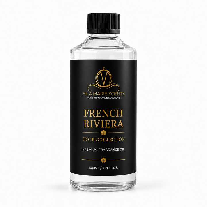 A 500ml bottle of Mila Marie Scents French Riviera Hotel Collection premium fragrance oil, featuring a clear glass bottle, black cap, and a black label with gold lettering, set against a plain white background.