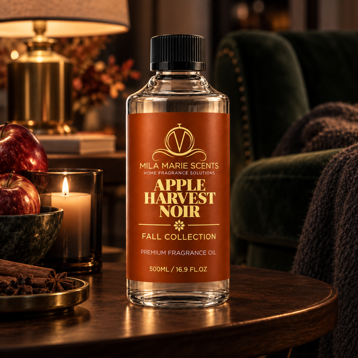 Apple Harvest Noir cold-air diffuser oil bottle with warm dramatic lighting