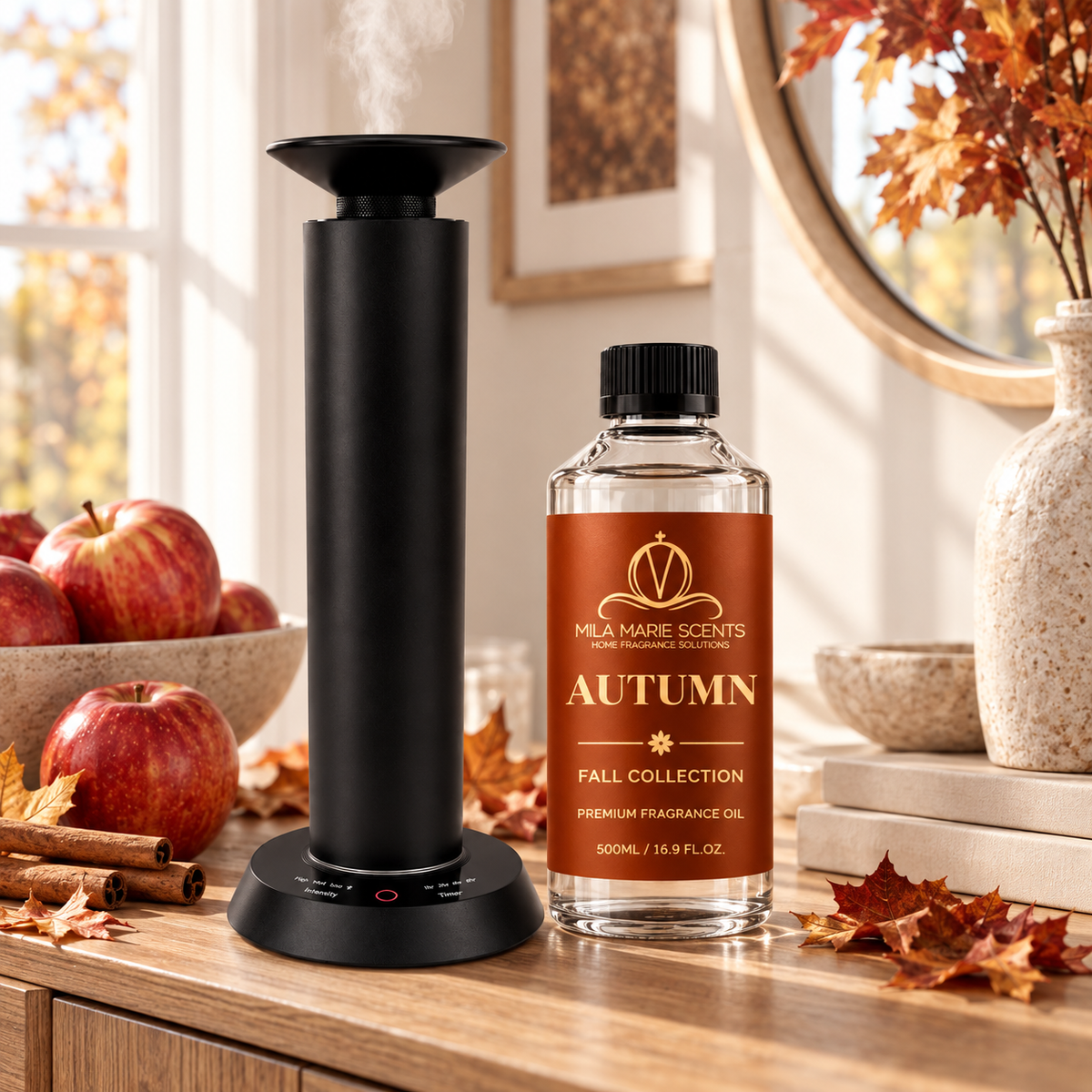 Autumn luxury fragrance oil bottle with golden fall leaves and foliage