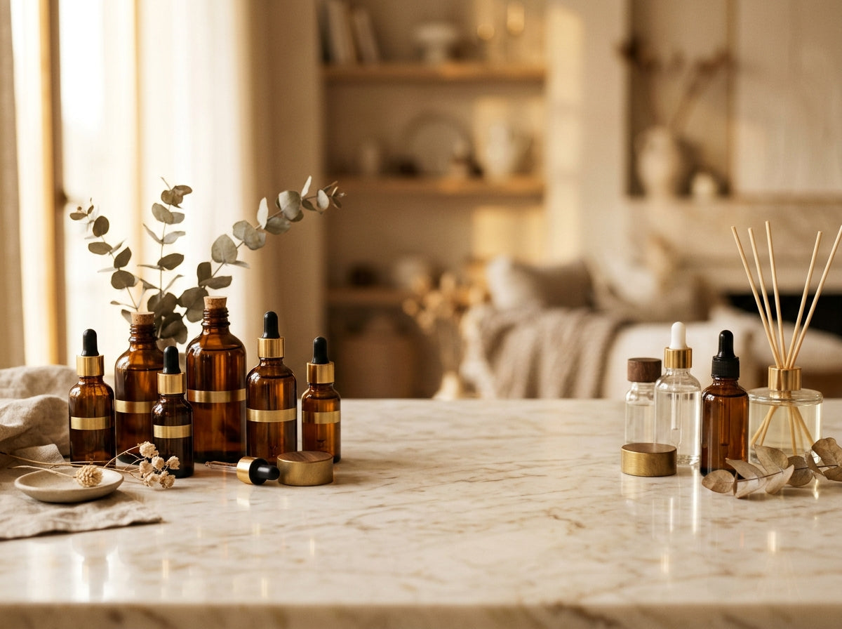 Luxury fragrance oil bottles on marble surface with warm golden lighting