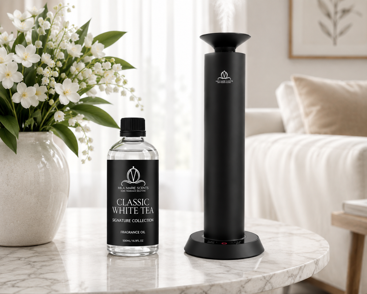 Classic White Tea fragrance oil with Mila Marie Scents diffuser in a bright living room
