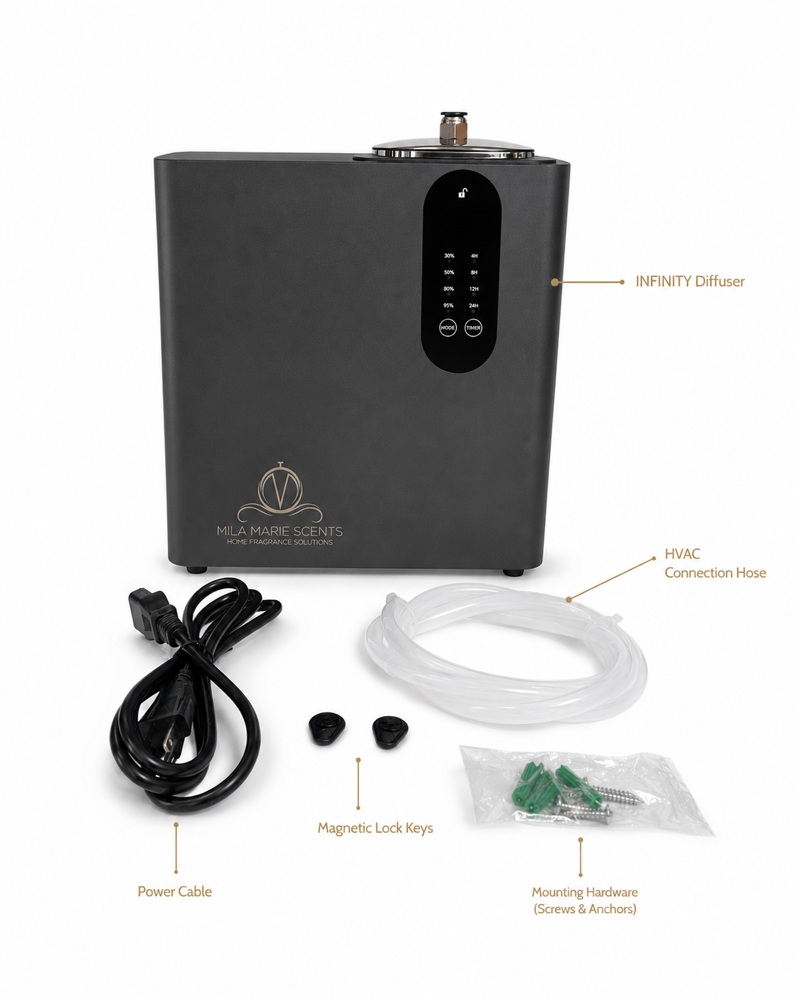 INFINITY diffuser with included accessories: power cable, magnetic lock keys, HVAC connection hose, mounting hardware