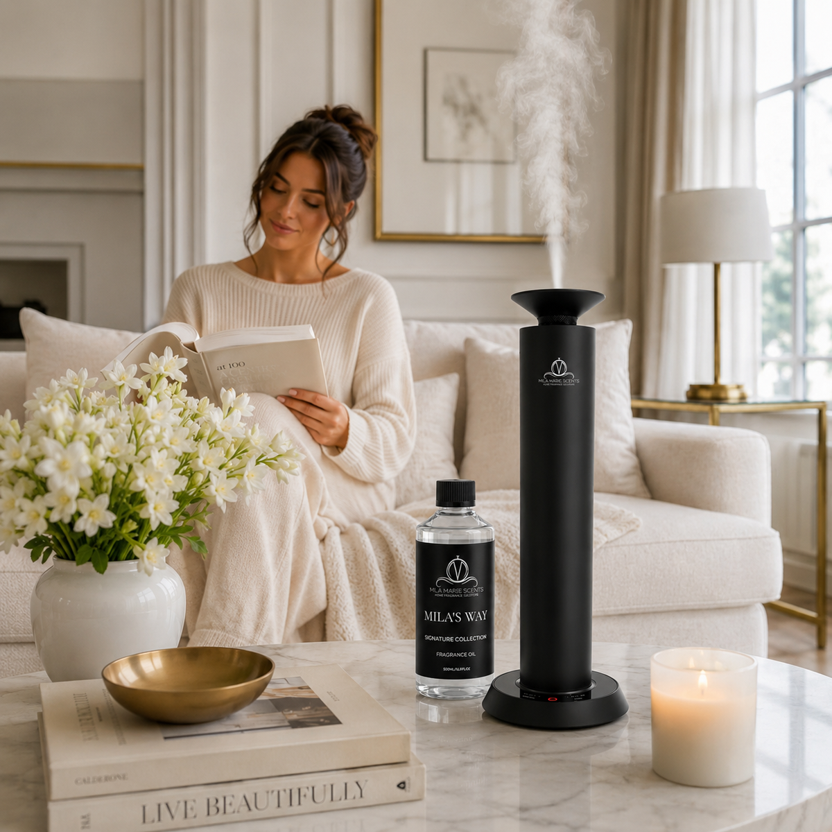 Mila's Way fragrance oil with HALO Tower diffuser on marble coffee table