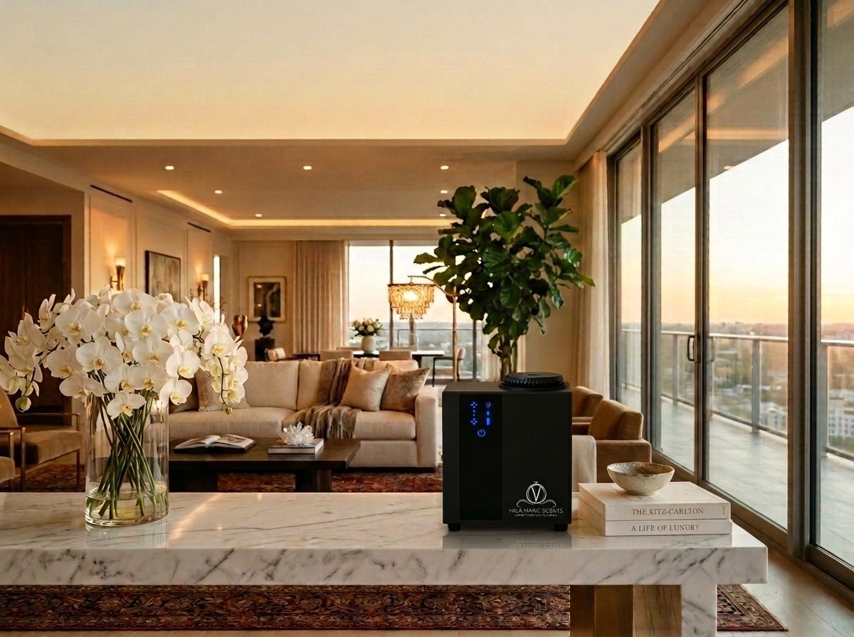 Pulse cold-air diffuser on marble console in luxury living room