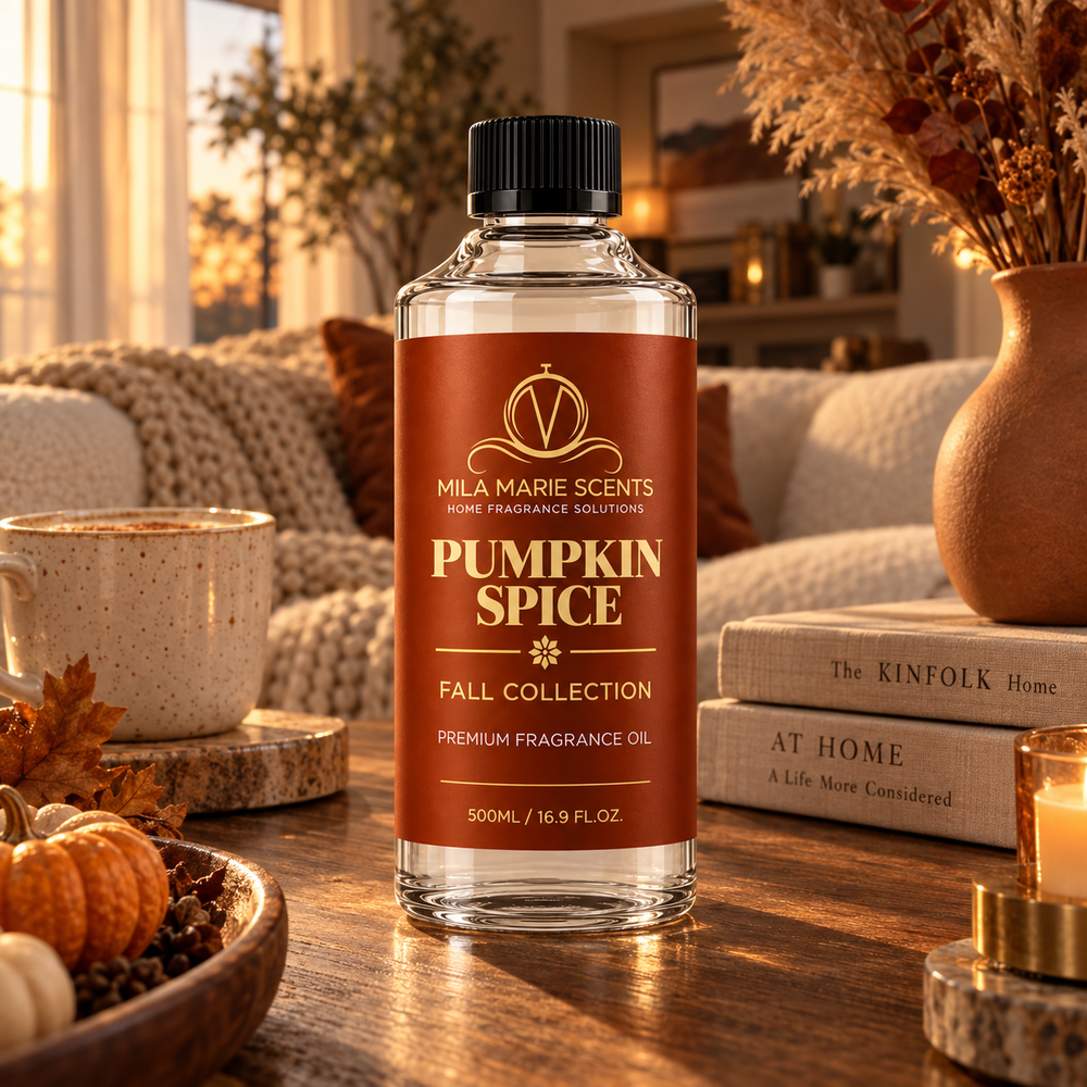 Pumpkin Spice luxury fragrance oil bottle with autumn leaves and pumpkins