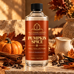 Pumpkin Spice luxury fragrance oil bottle close-up on wooden surface