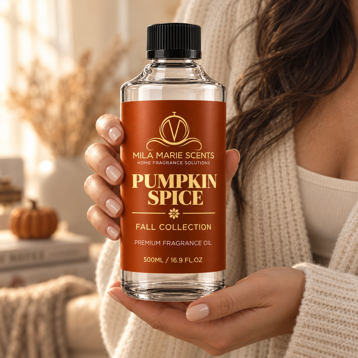 Pumpkin Spice fragrance oil bottle in cozy seasonal setting