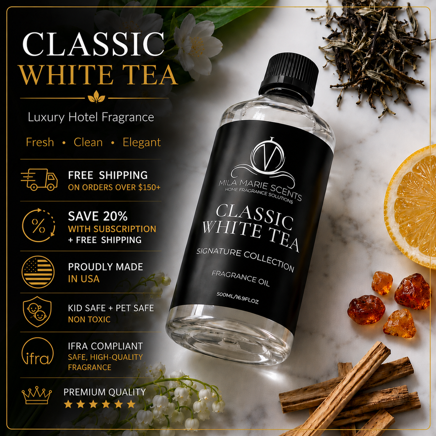 Classic White Tea fragrance oil on marble