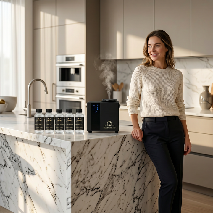 Woman standing in a modern kitchen with a water filter and bottles on the counter.