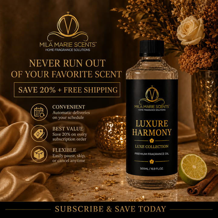 Mila Marie Scents luxury fragrance oil bottle with promotional text on a warm-toned background.