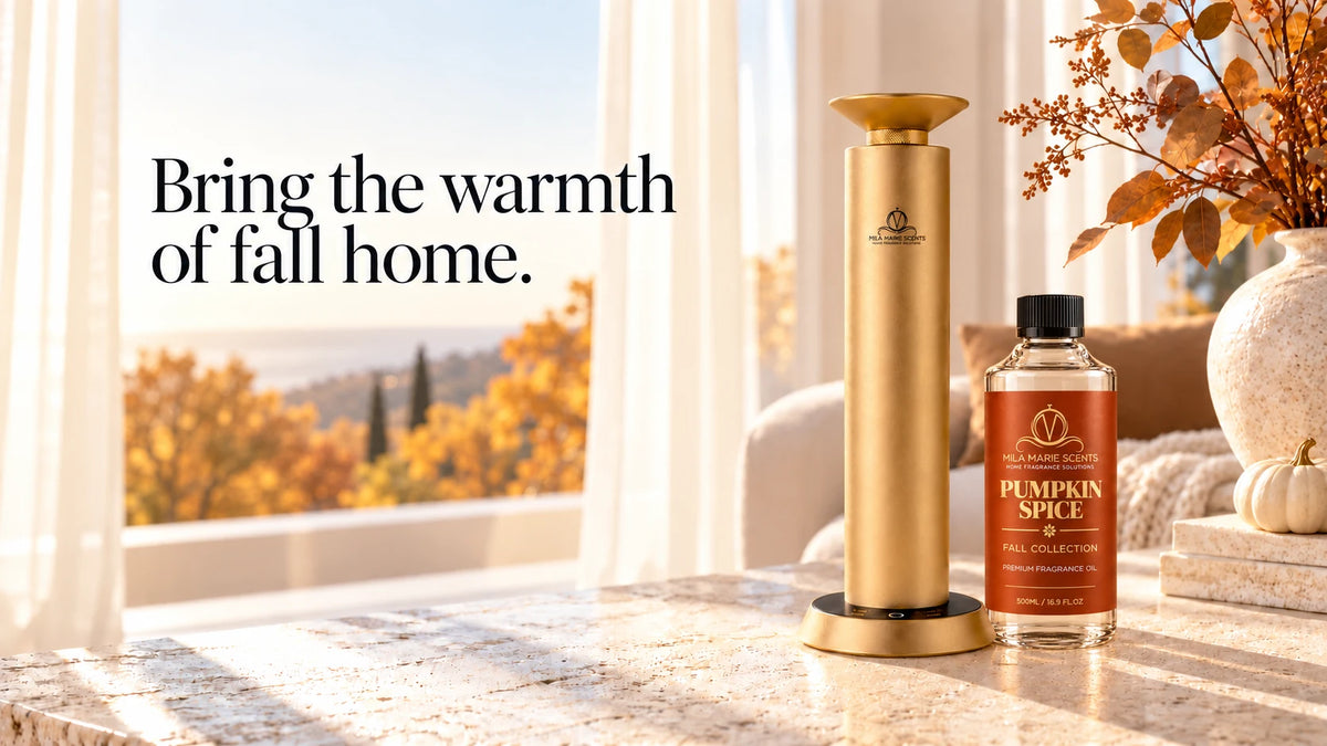Gold diffuser and Pumpkin Spice fragrance oil in an autumn interior