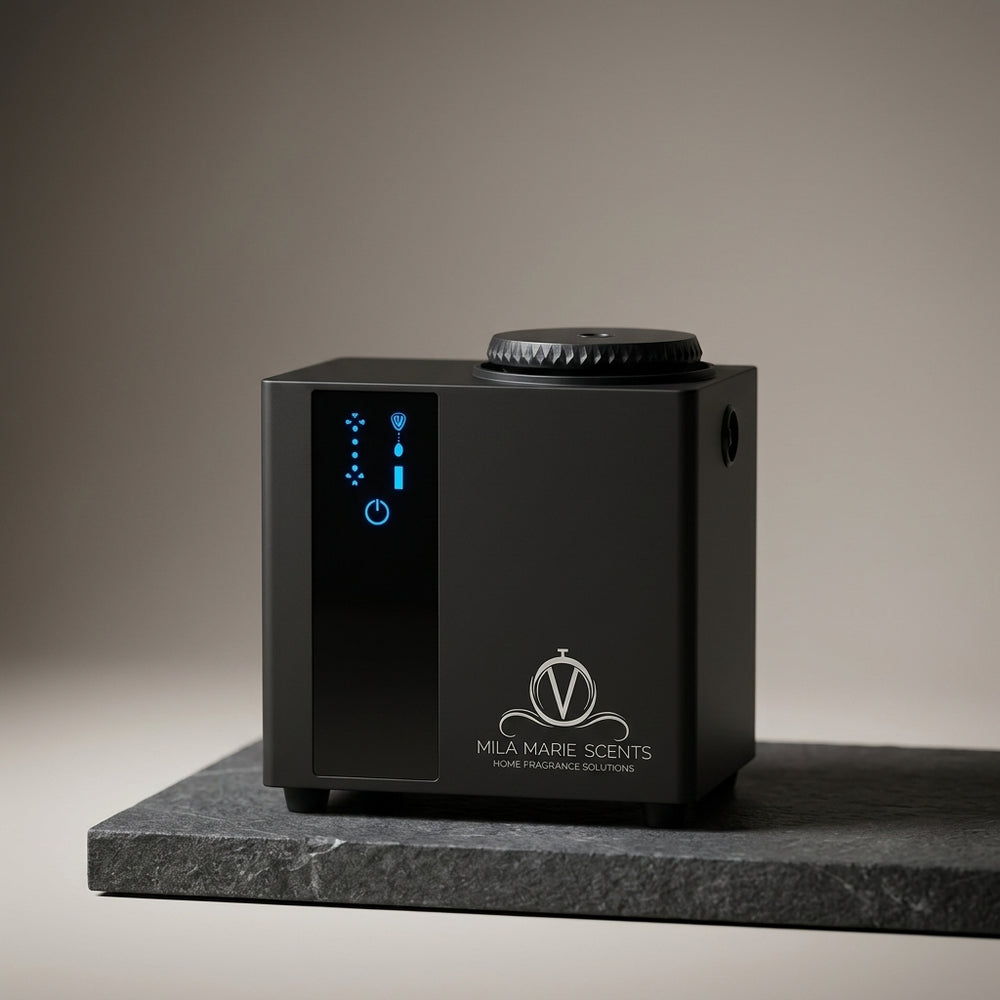 A black Milo Marie Scents diffuser or vaporizer device with blue LED indicators, displayed on a dark gray stone slab against a neutral beige background.