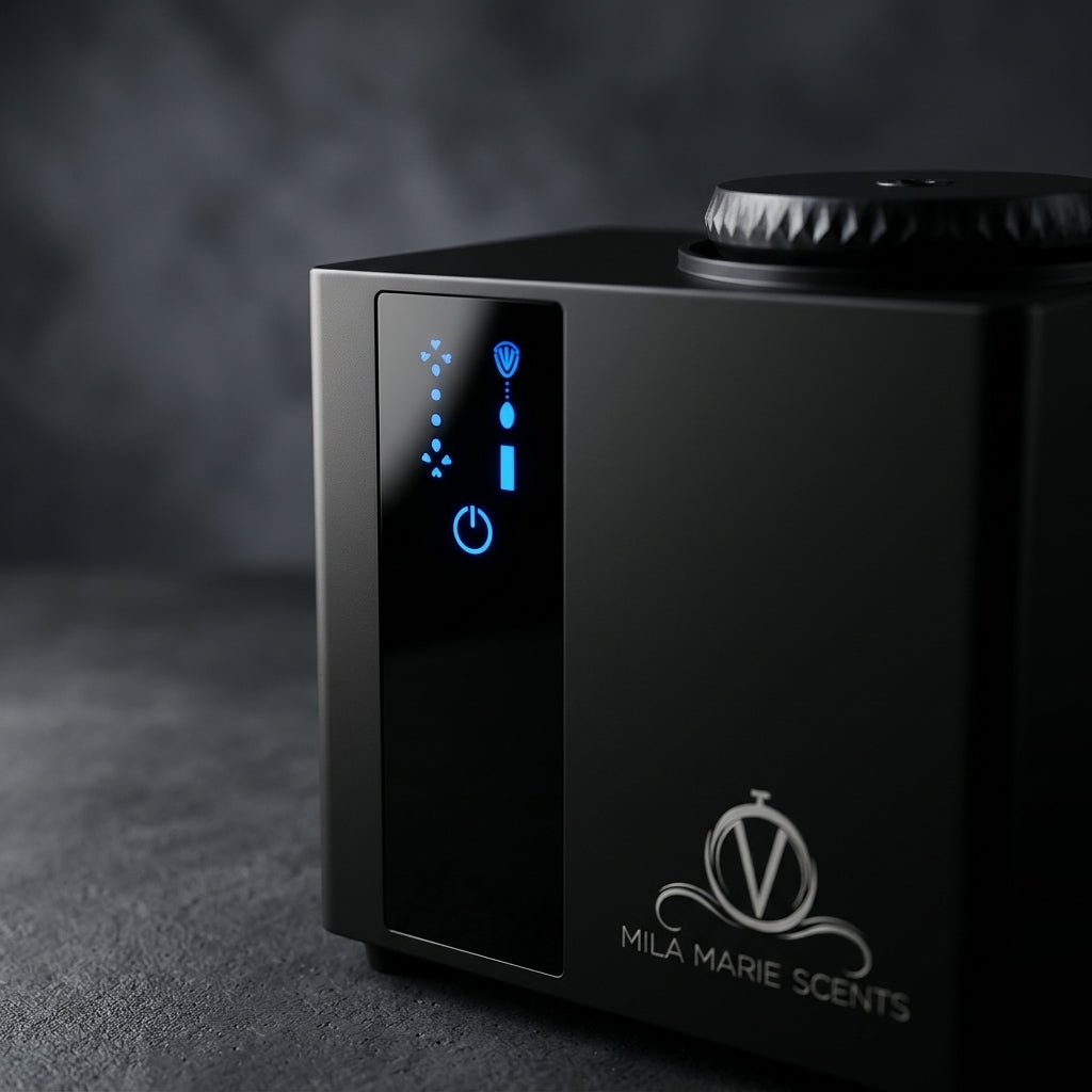 A close-up of a black MILA MARIE SCENTS diffuser or humidifier device with a glossy front panel, blue LED indicator lights, and a textured top knob, set against a dark gray background.